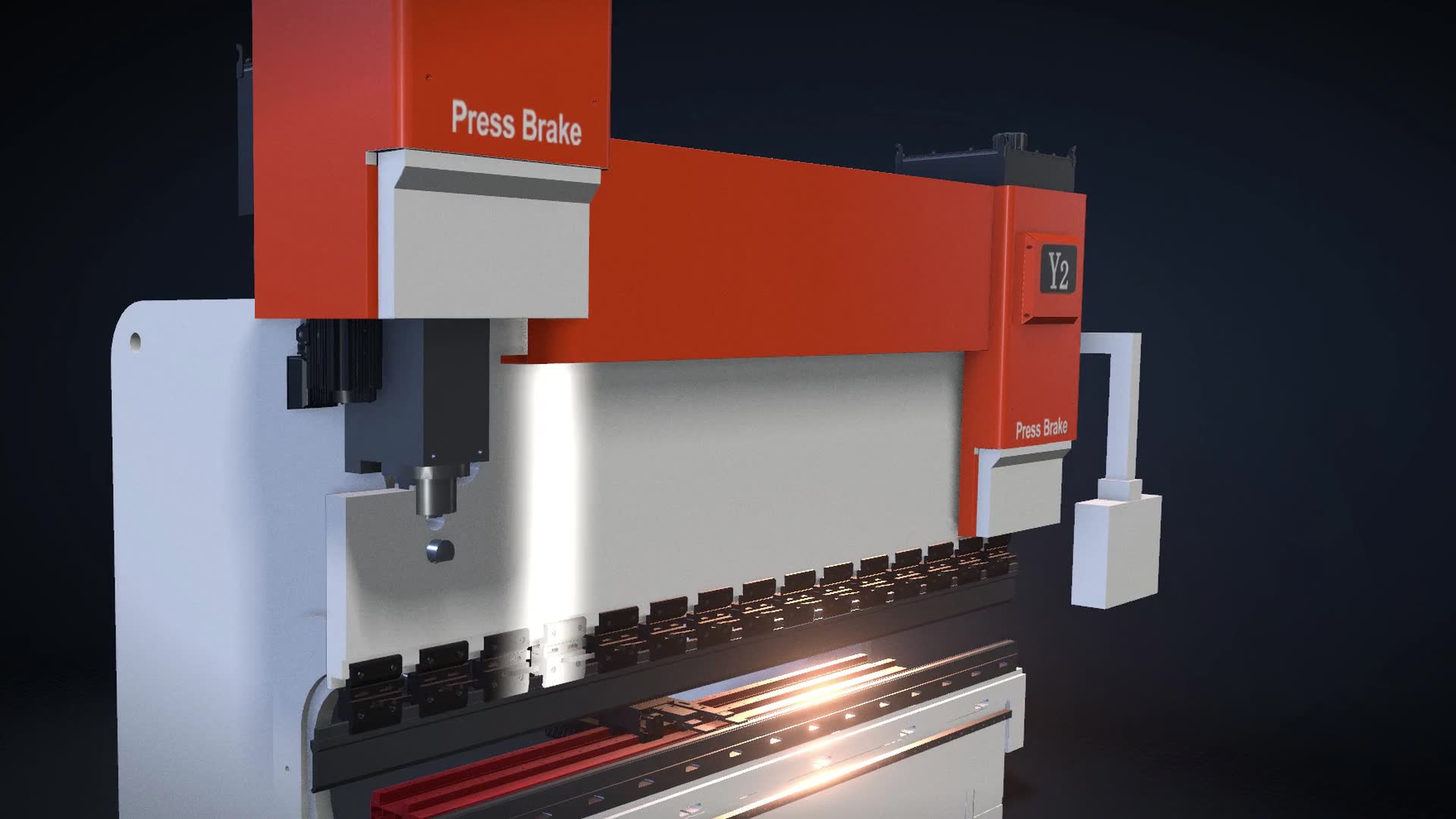 The press brake from a low angle in a dark studio: light sweeps down its side panel and a glint runs along the bed under the orange upper frame.
