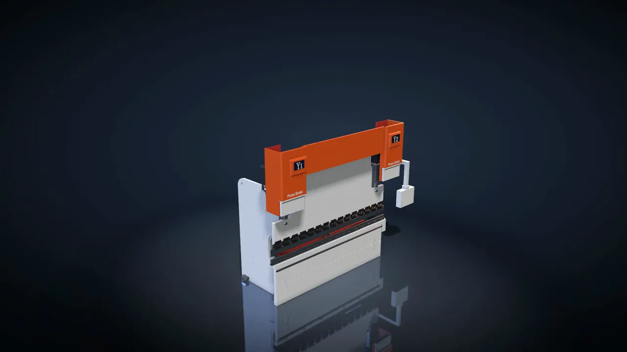 The press brake whole in a dark studio: orange upper frame marked Y1 and Y2 over gray side frames and the bed.
