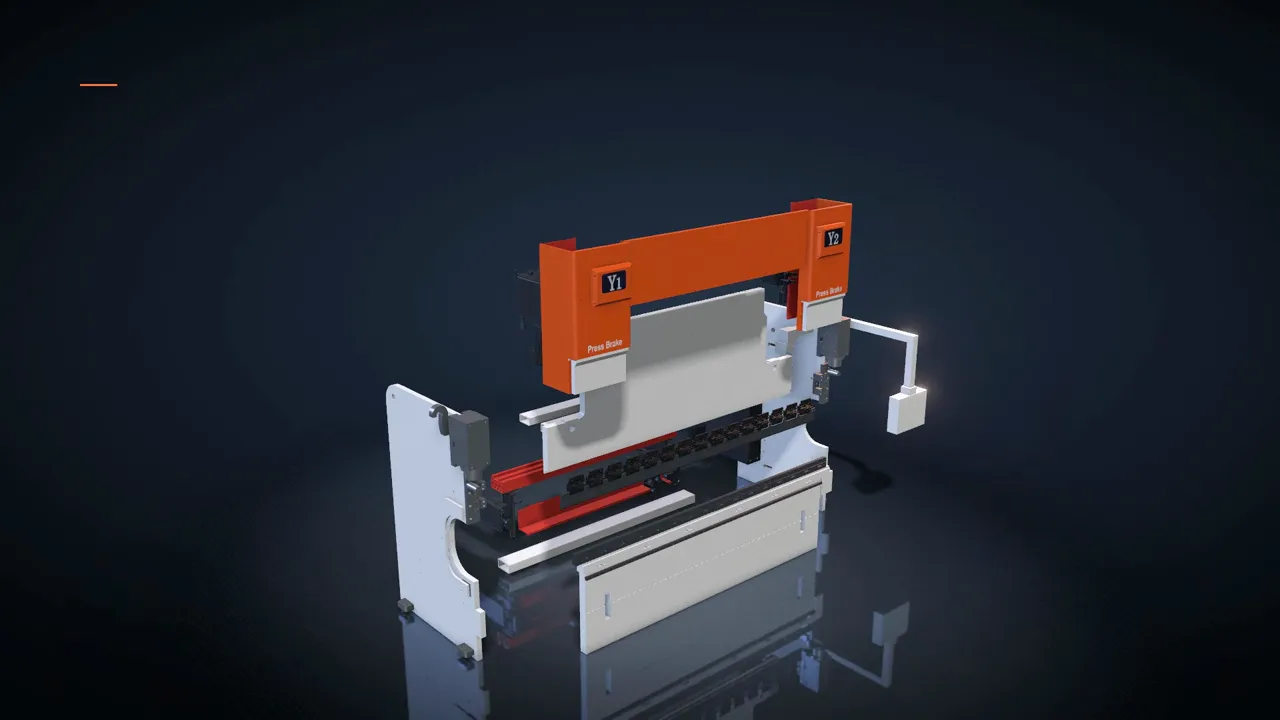 The press brake in a dark studio halfway through coming apart: the upper frame, ram, tools and backgauge drawn away from each other.